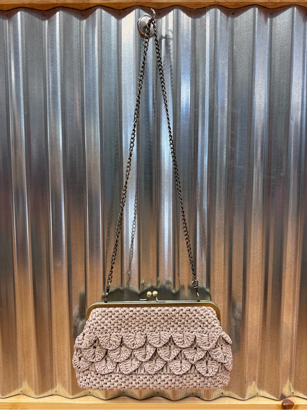 Patricia Nash Raffia Woven Leather Clutch/Shoulder Bag Chain Strap Boho Beachy